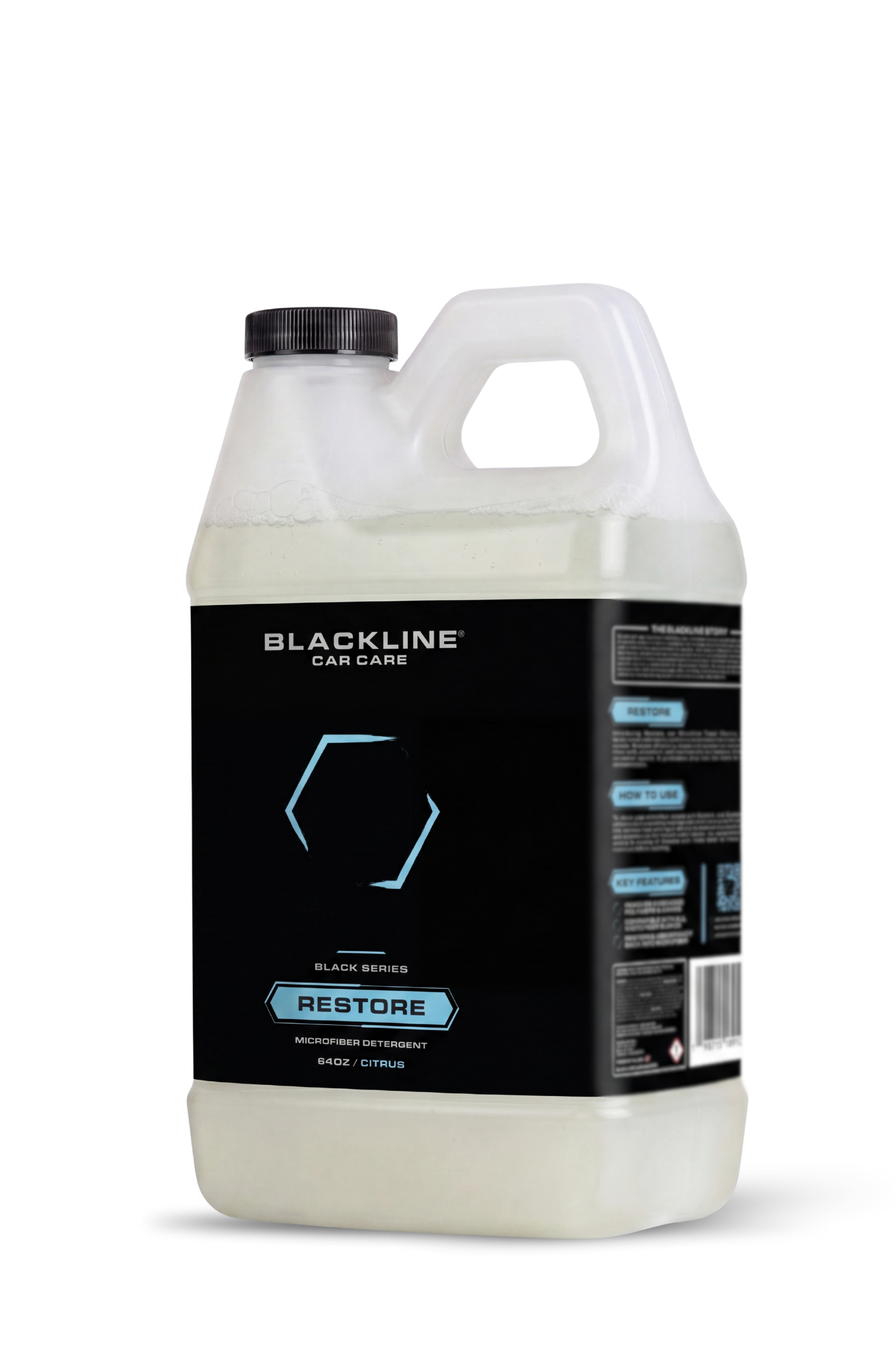 Blackline Restore microfiber detergent bottle, white plastic jug with black label, 64 oz citrus on Tampa Home & Garden Store