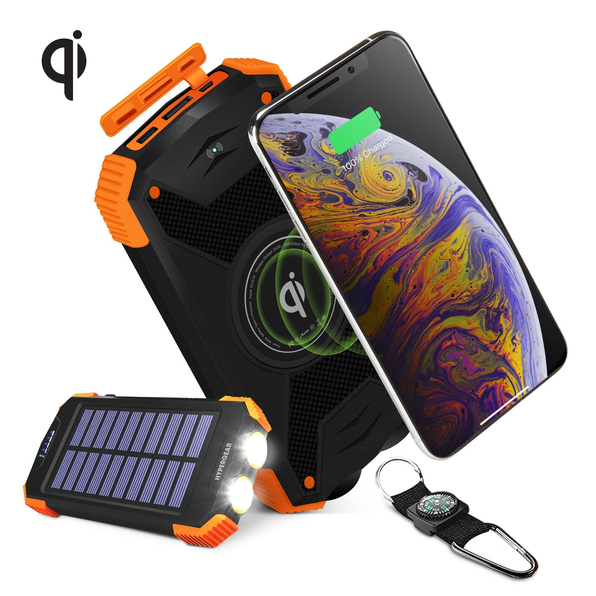 Solar 10000mAh Wireless Power Bank rugged orange-black with solar panel and built-in flashlight on Tampa Home & Garden Store