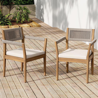 Braided acacia wood outdoor dining chairs set of 2 with teak-look finish and cream cushions on Tampa Home & Garden Store