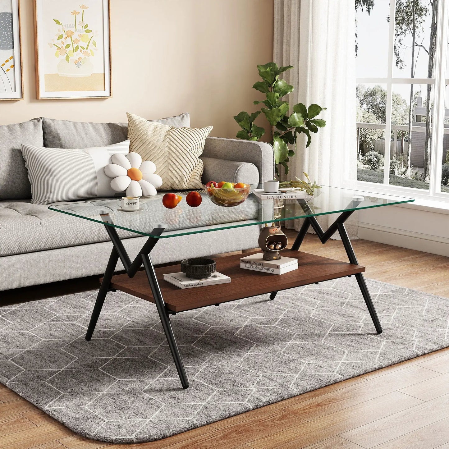 Rectangle coffee table with tempered glass top and lower wood shelf, Unique Piece Furniture on Tampa Home & Garden Store