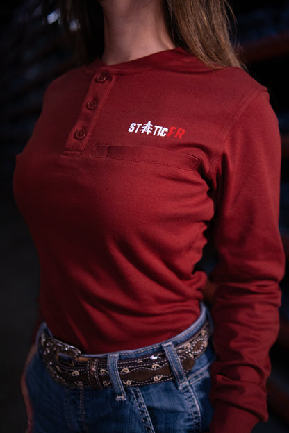 Women's FR 3-Button Henley wine red work safety top with Static FR logo on chest on Tampa Home & Garden Store