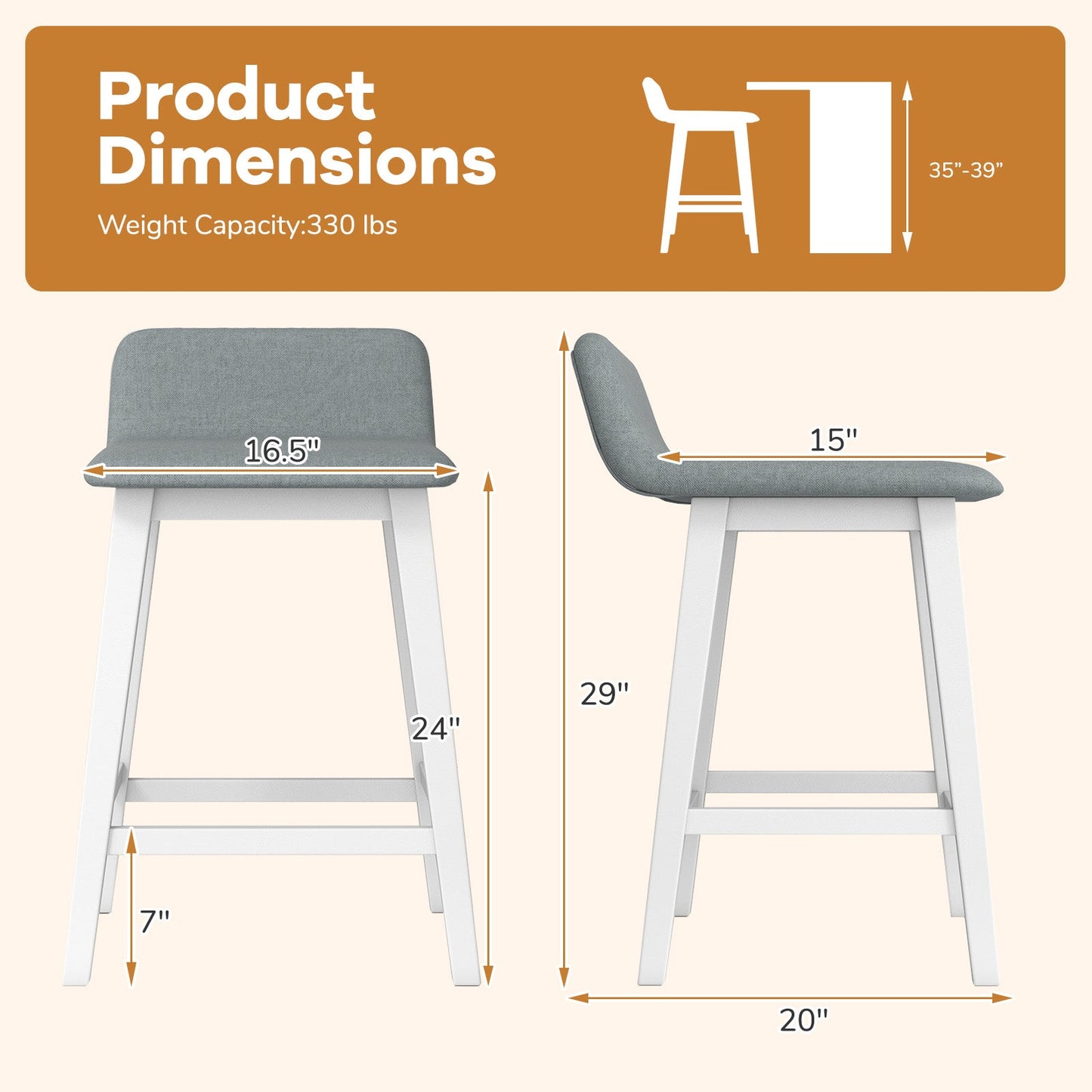 24 Inch Counter Height Bar Stools Set of 2 with Low Back