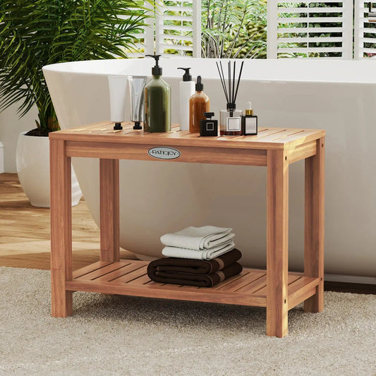 24 inch teak shower bench with storage shelf, PatioJoy logo visible on Tampa Home & Garden Store