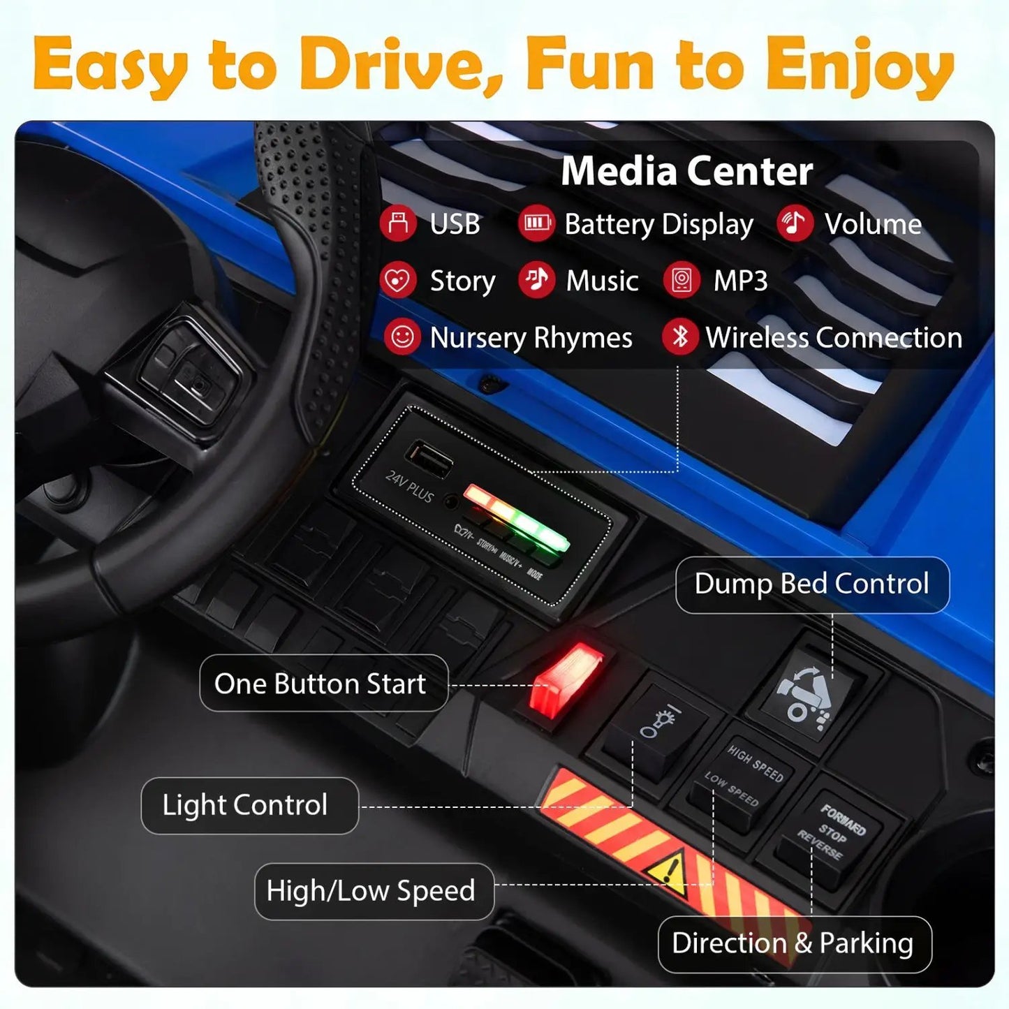 24V 2 Seater Kids Ride on Dump Truck 4WD Lights