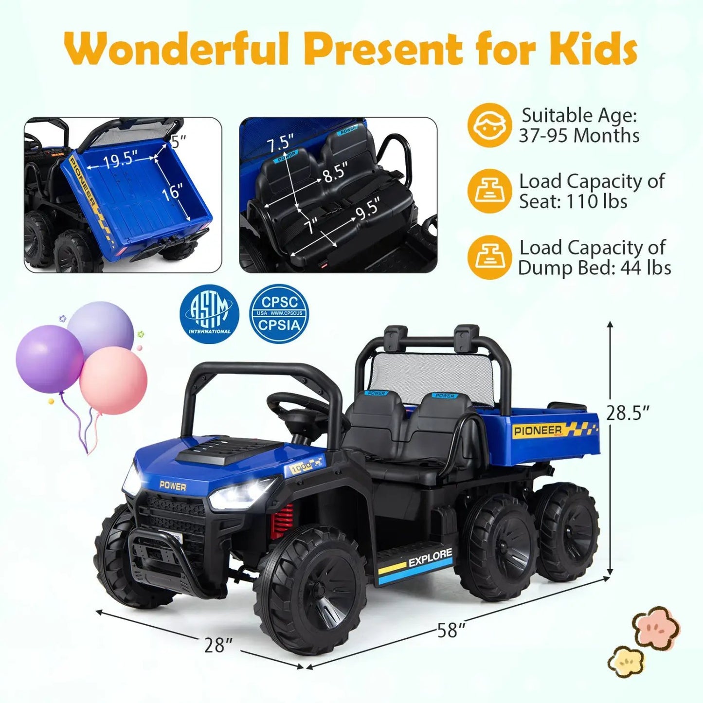 24V 2 Seater Kids Ride on Dump Truck 4WD Lights