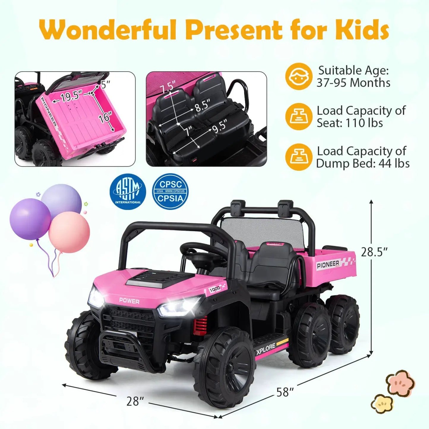 24V 2 Seater Kids Ride on Dump Truck 4WD Lights