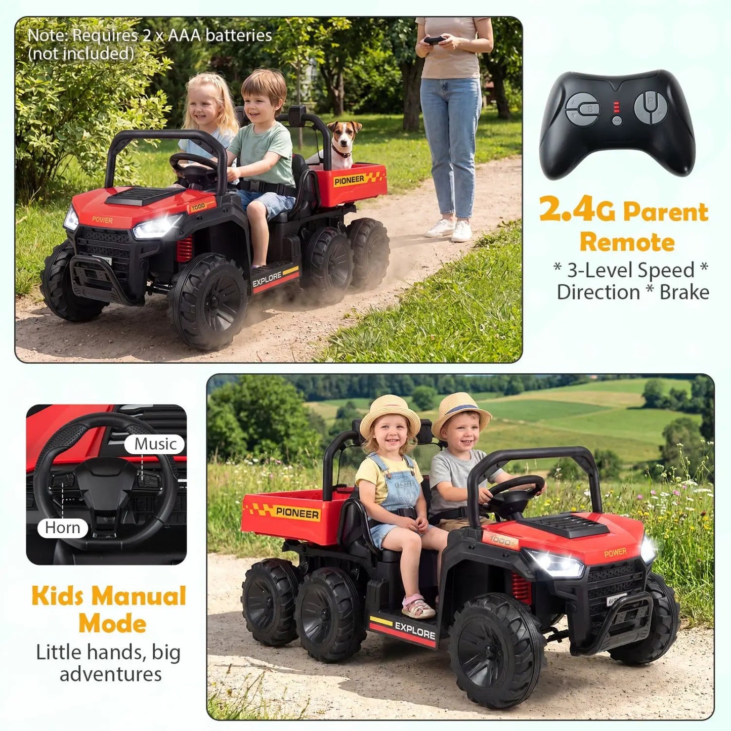 24V 2 Seater Kids Ride on Dump Truck 4WD Lights