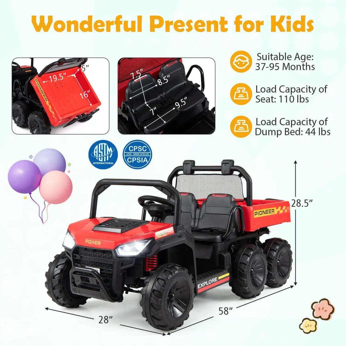 24V 2 Seater Kids Ride on Dump Truck 4WD Lights