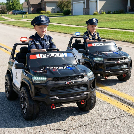 24V 2-Seater Ride on Police Car 4WD Chevrolet with Megaphone and LED Flashing Lights-Black - Tampa Home & Garden Store