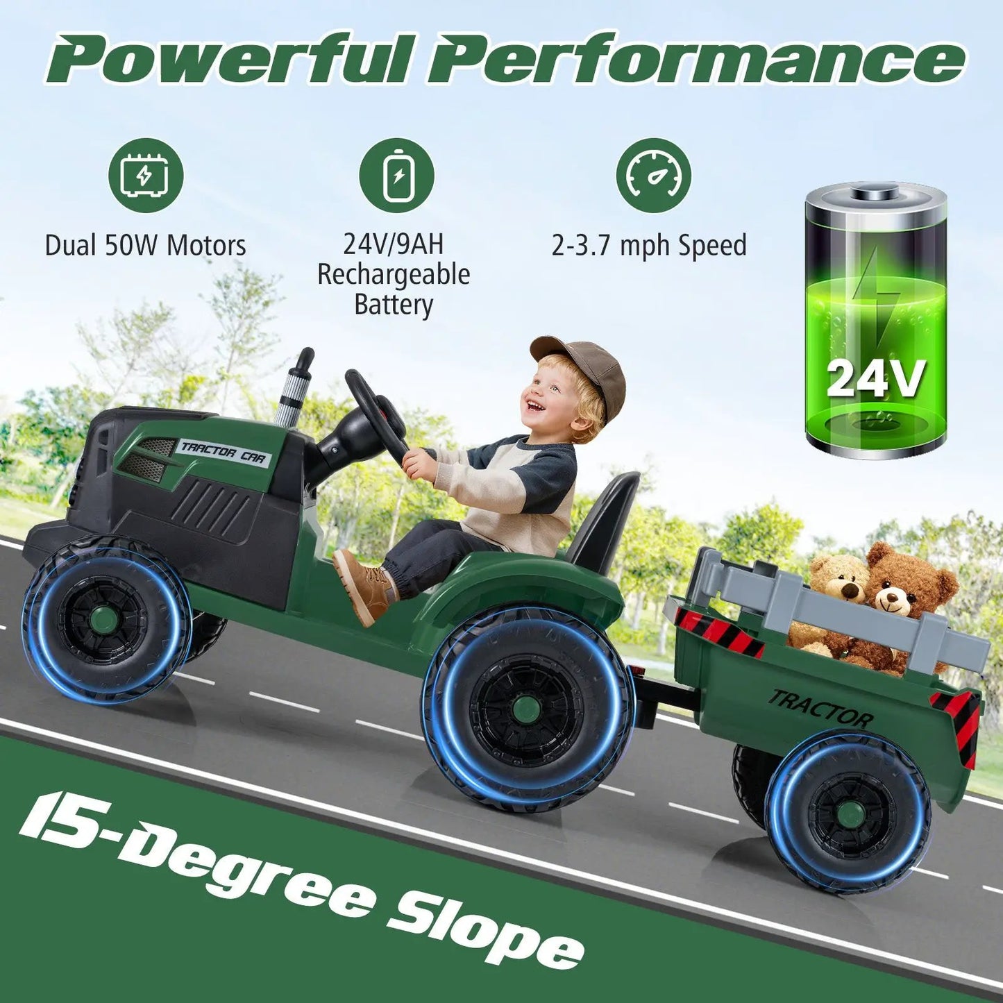 24V Kids Ride on Tractor with Detachable Trailer