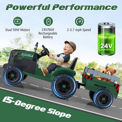 24V Kids Ride on Tractor with Detachable Trailer