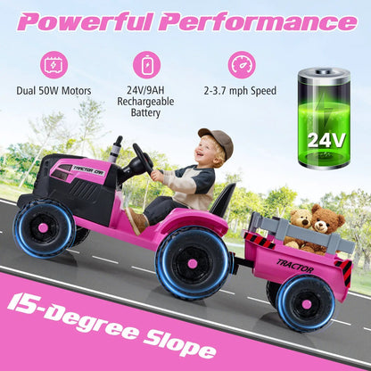 24V Kids Ride on Tractor with Detachable Trailer