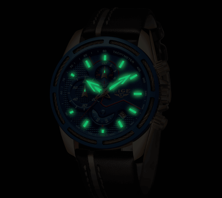 Stevvex men's waterproof sport watch with black leather strap, blue bezel, luminous green hands on Tampa Home & Garden Store