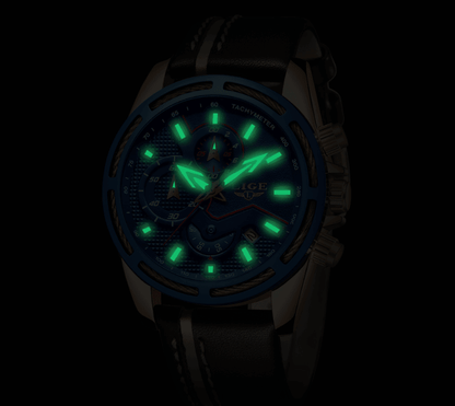 Waterproof men's sports watch by Stevvex with blue bezel, leather strap and luminous green hands on Tampa Home & Garden Store