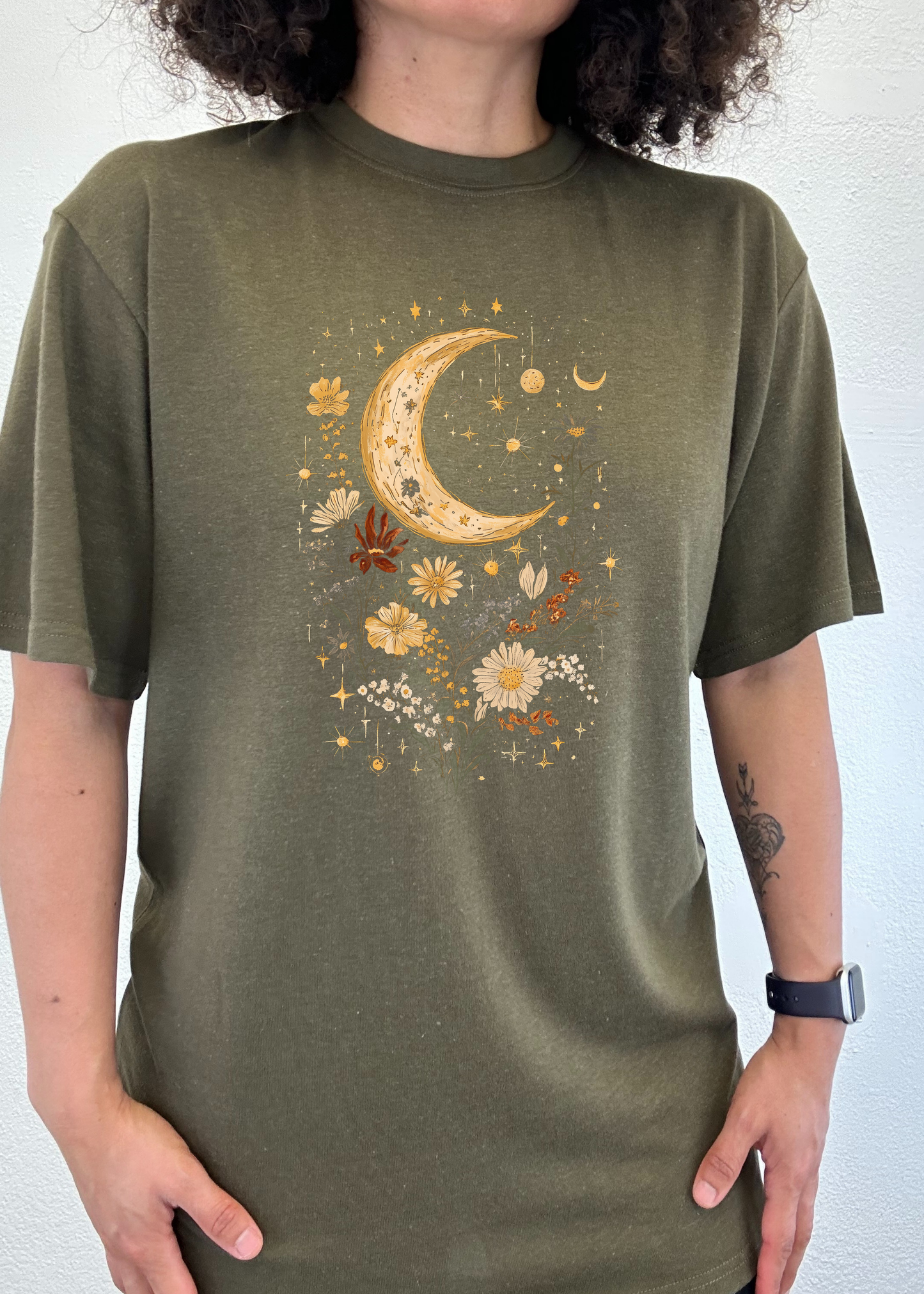 Unisex olive green bamboo cotton graphic tee with celestial moon and floral design by Spun Bamboo on Tampa Home & Garden Store