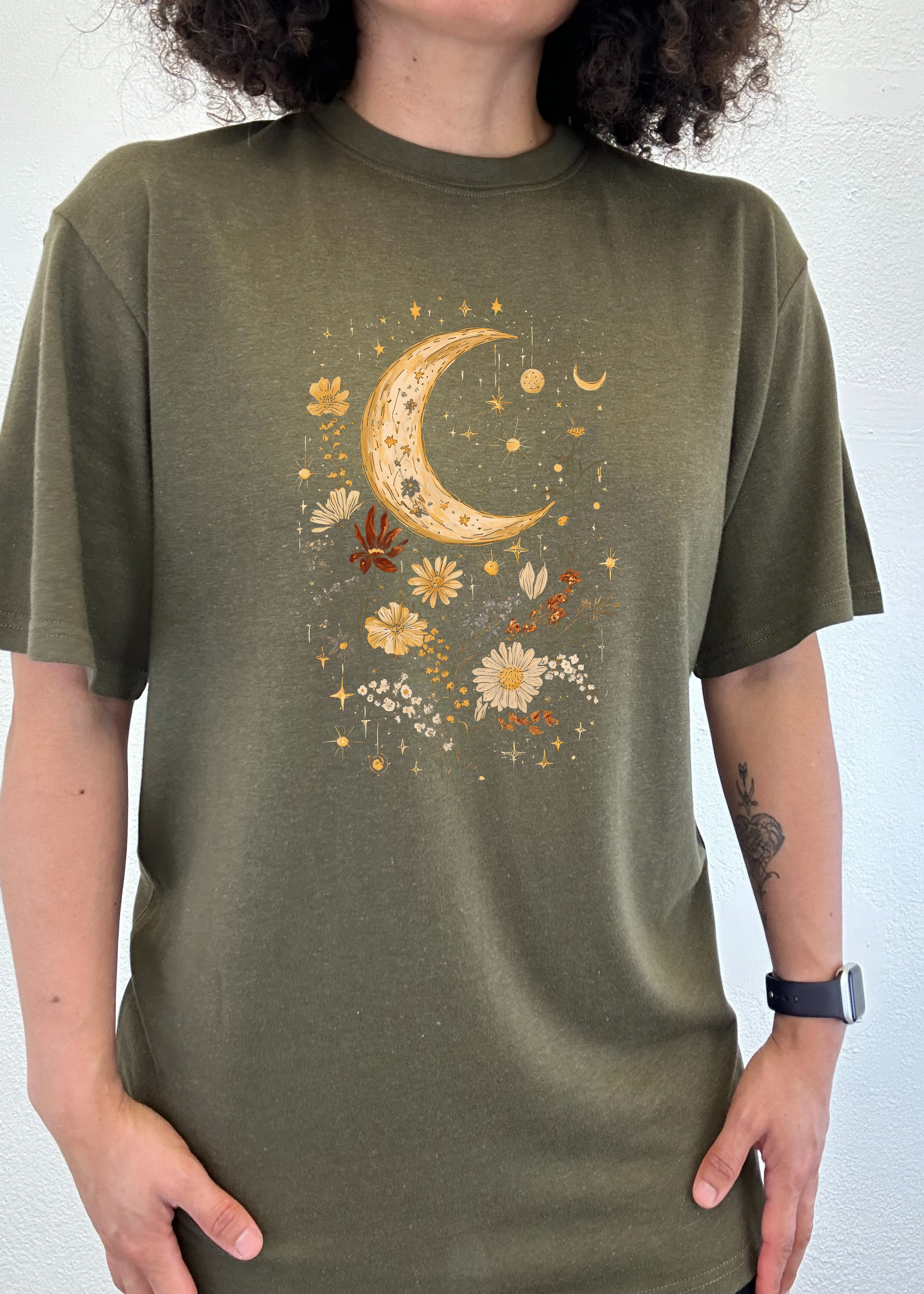 Unisex olive green bamboo cotton graphic tee with celestial moon and floral design by Spun Bamboo on Tampa Home & Garden Store