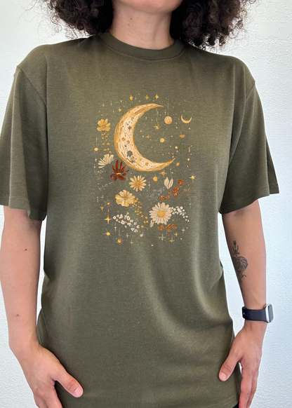 Unisex olive green bamboo cotton graphic tee with celestial moon and floral design by Spun Bamboo on Tampa Home & Garden Store