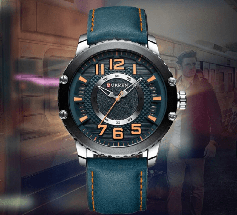 Men's waterproof sport watch Curren dial, blue leather strap with orange stitching and numerals on Tampa Home & Garden Store