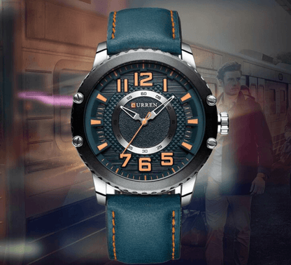 Men's waterproof sport watch Curren dial, blue leather strap with orange stitching and numerals on Tampa Home & Garden Store
