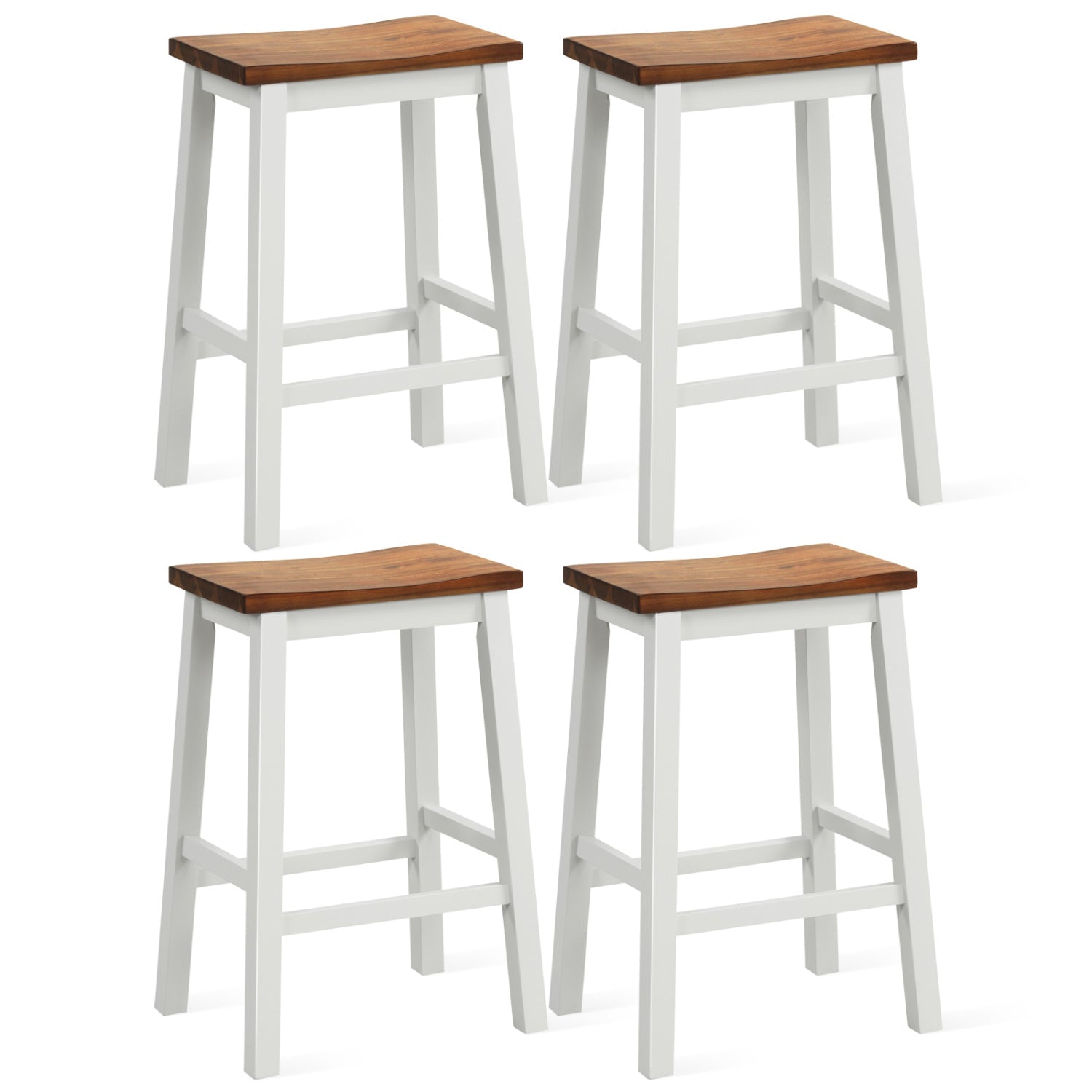 Saddle Bar Stools set of 4, DirectDeals, white frames with brown wood seats, 24.5-inch on Tampa Home & Garden Store