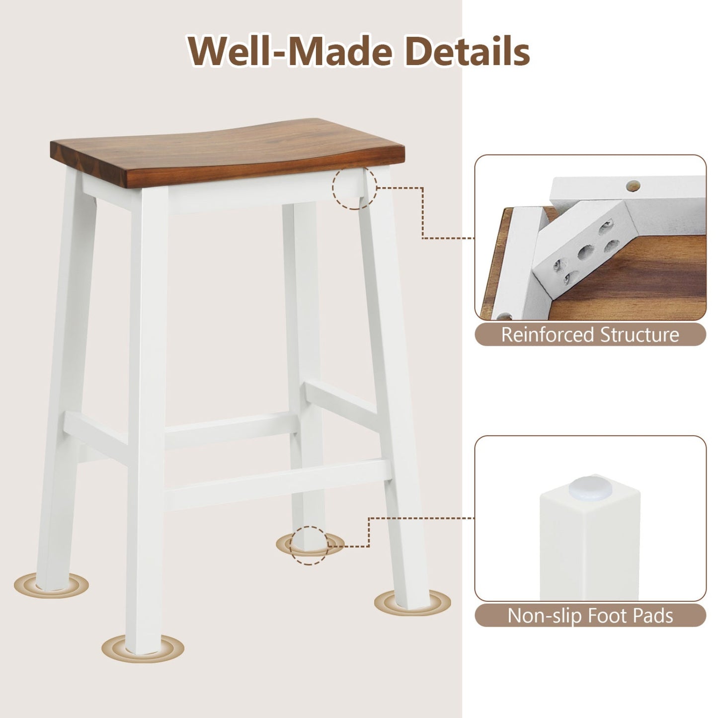 Saddle Bar Stools set of 4 with footrests, 24.5-in, white legs and brown wood seat DirectDeals on Tampa Home & Garden Store