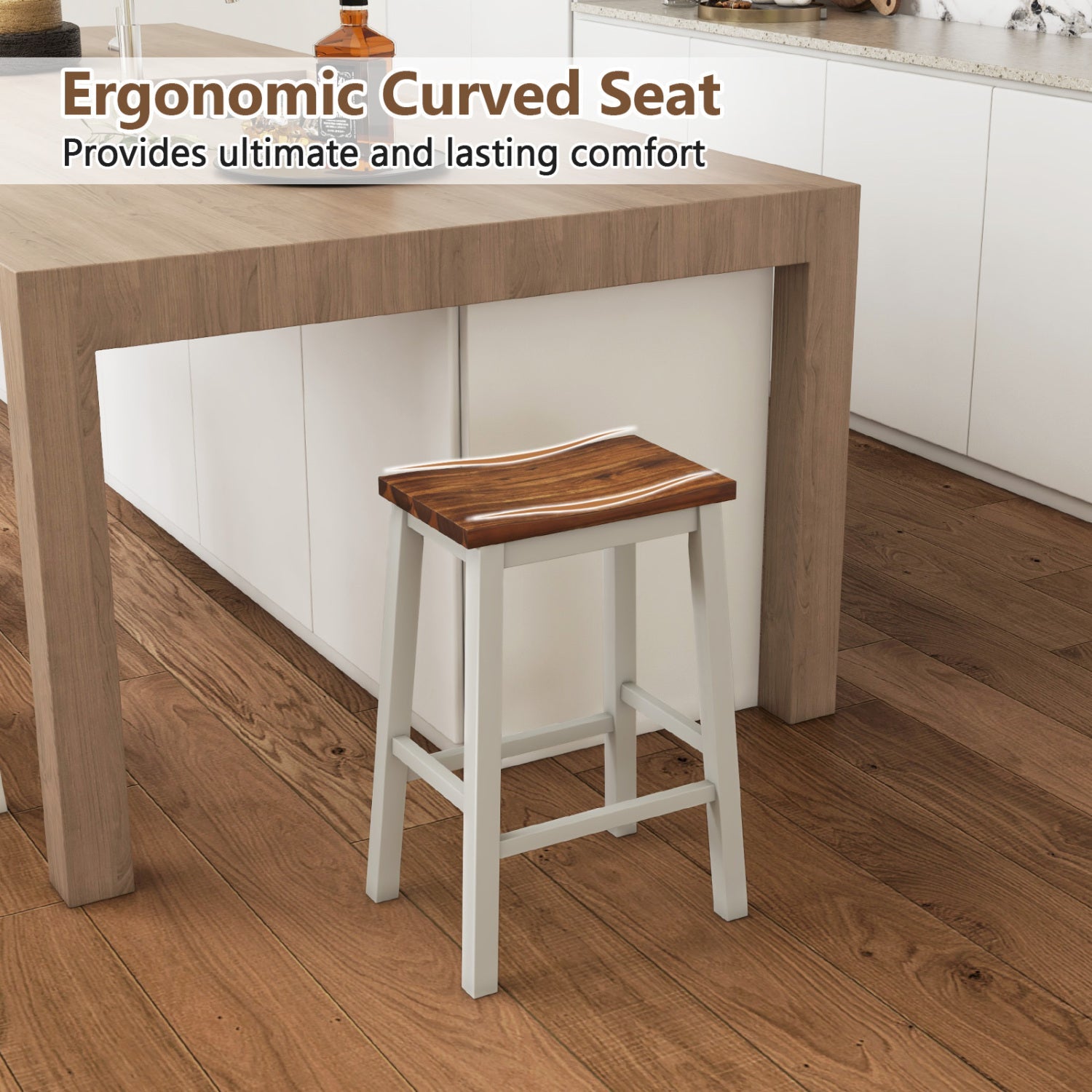DirectDeals Saddle Bar Stool 24.5-Inch with ergonomic curved wooden seat and white legs on Tampa Home & Garden Store