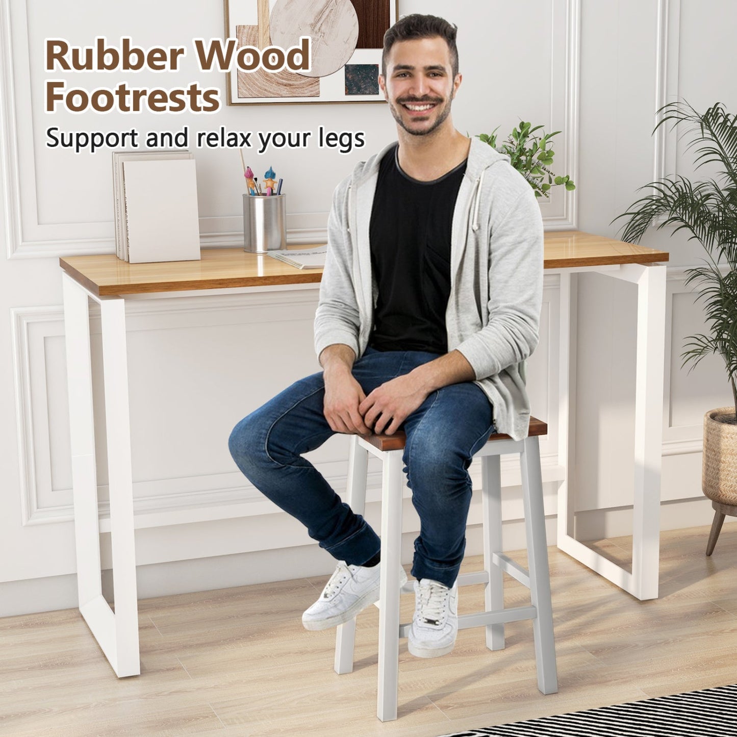 Saddle Bar Stools Set of 4 with Footrests, 24.5-Inch wood seat on white legs on Tampa Home & Garden Store