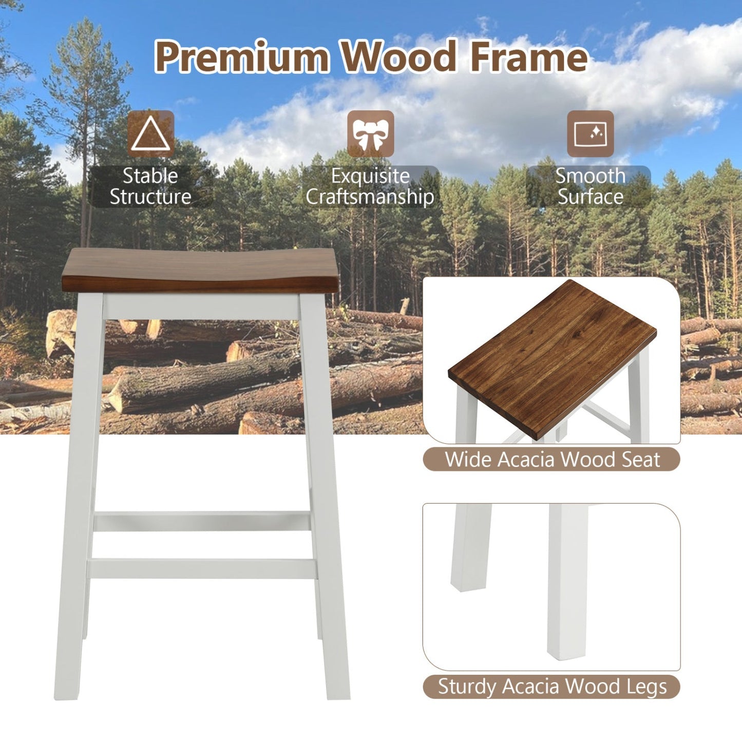 Bar stools DirectDeals Saddle with footrests, 24.5 in high, brown acacia wood seat, white legs on Tampa Home & Garden Store