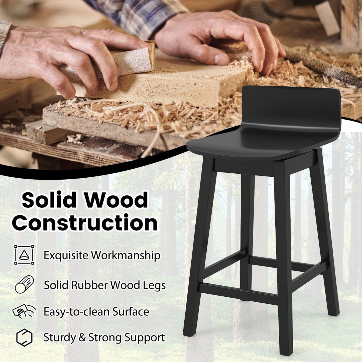 24.5 Inch Swivel Wooden Bar Stools Set of 4 with Rubber Wood Legs and Low Back - Tampa Home & Garden Store
