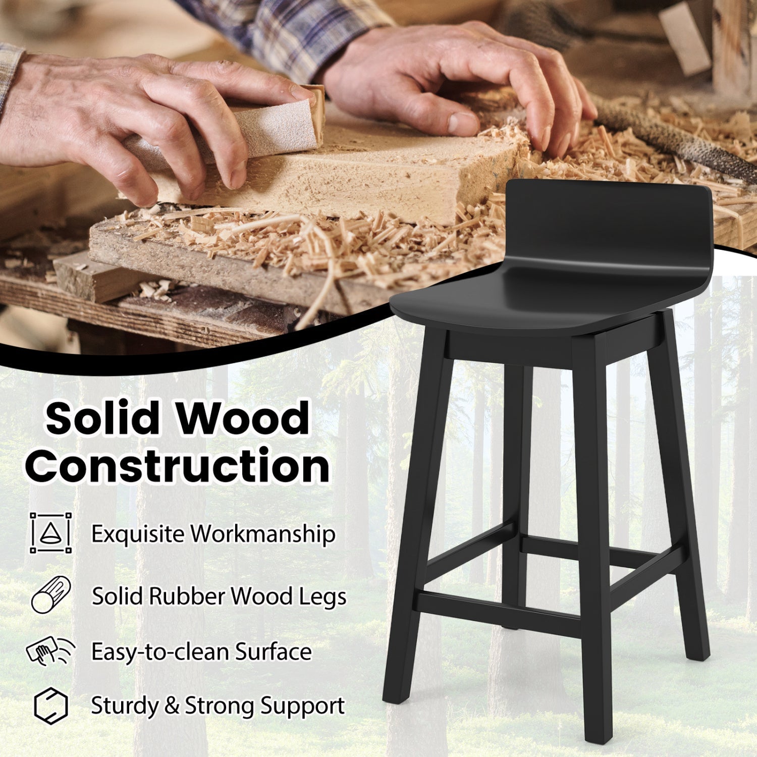24.5 Inch Swivel Wooden Bar Stools Set of 4 with Rubber Wood Legs and Low Back - Tampa Home & Garden Store