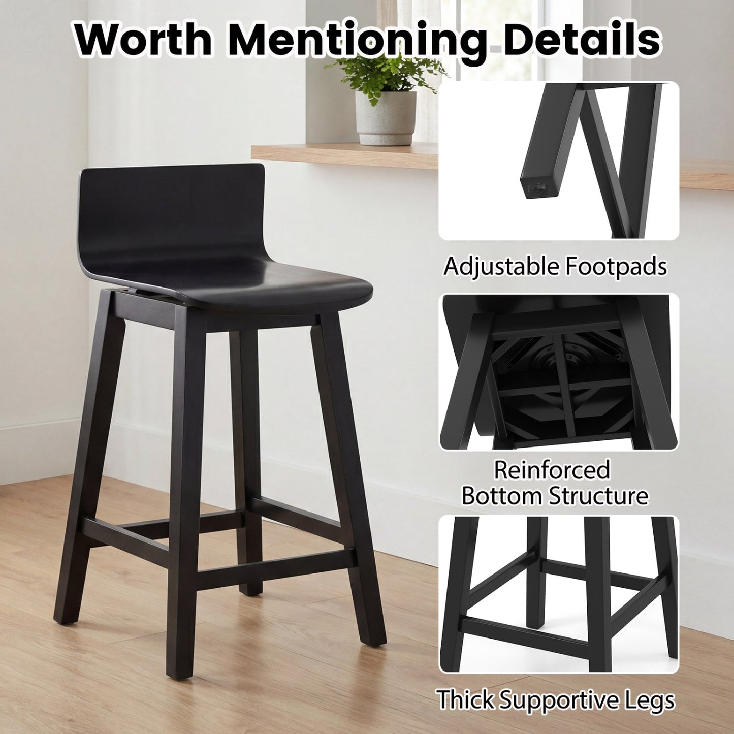 24.5 Inch Swivel Wooden Bar Stools Set of 4 with Rubber Wood Legs and Low Back - Tampa Home & Garden Store