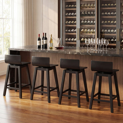 24.5 Inch Swivel Wooden Bar Stools Set of 4 with Rubber Wood Legs and Low Back - Tampa Home & Garden Store