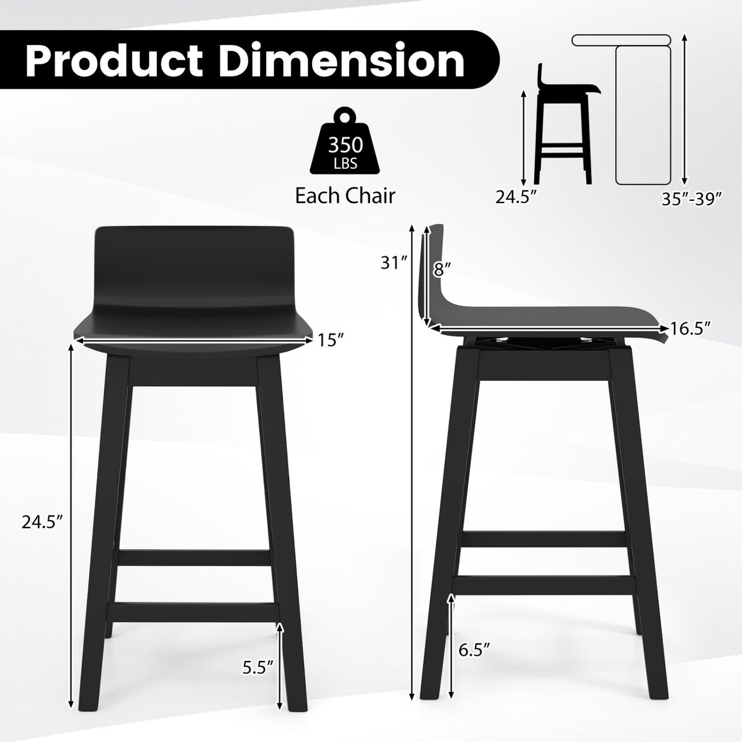 24.5 Inch Swivel Wooden Bar Stools Set of 4 with Rubber Wood Legs and Low Back - Tampa Home & Garden Store