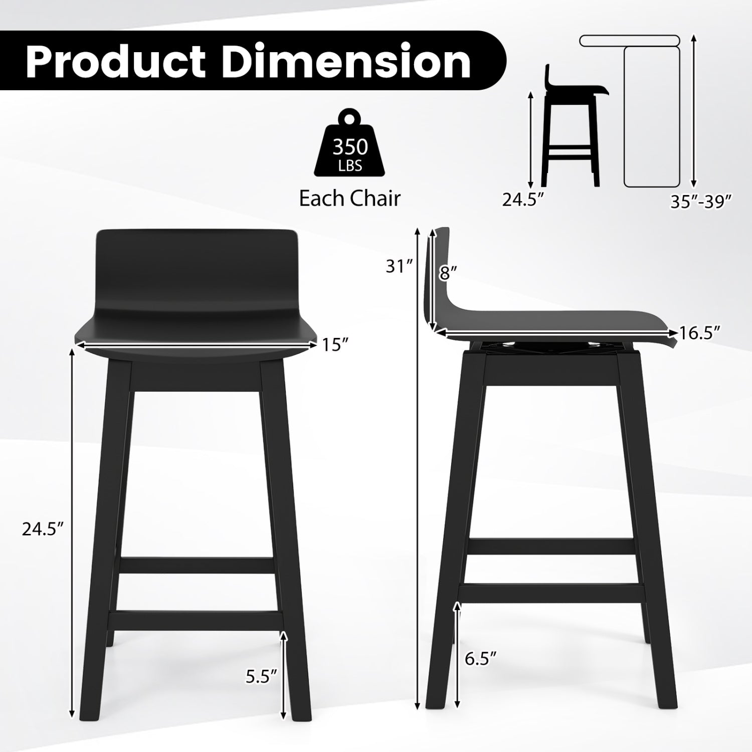 24.5 Inch Swivel Wooden Bar Stools Set of 4 with Rubber Wood Legs and Low Back - Tampa Home & Garden Store