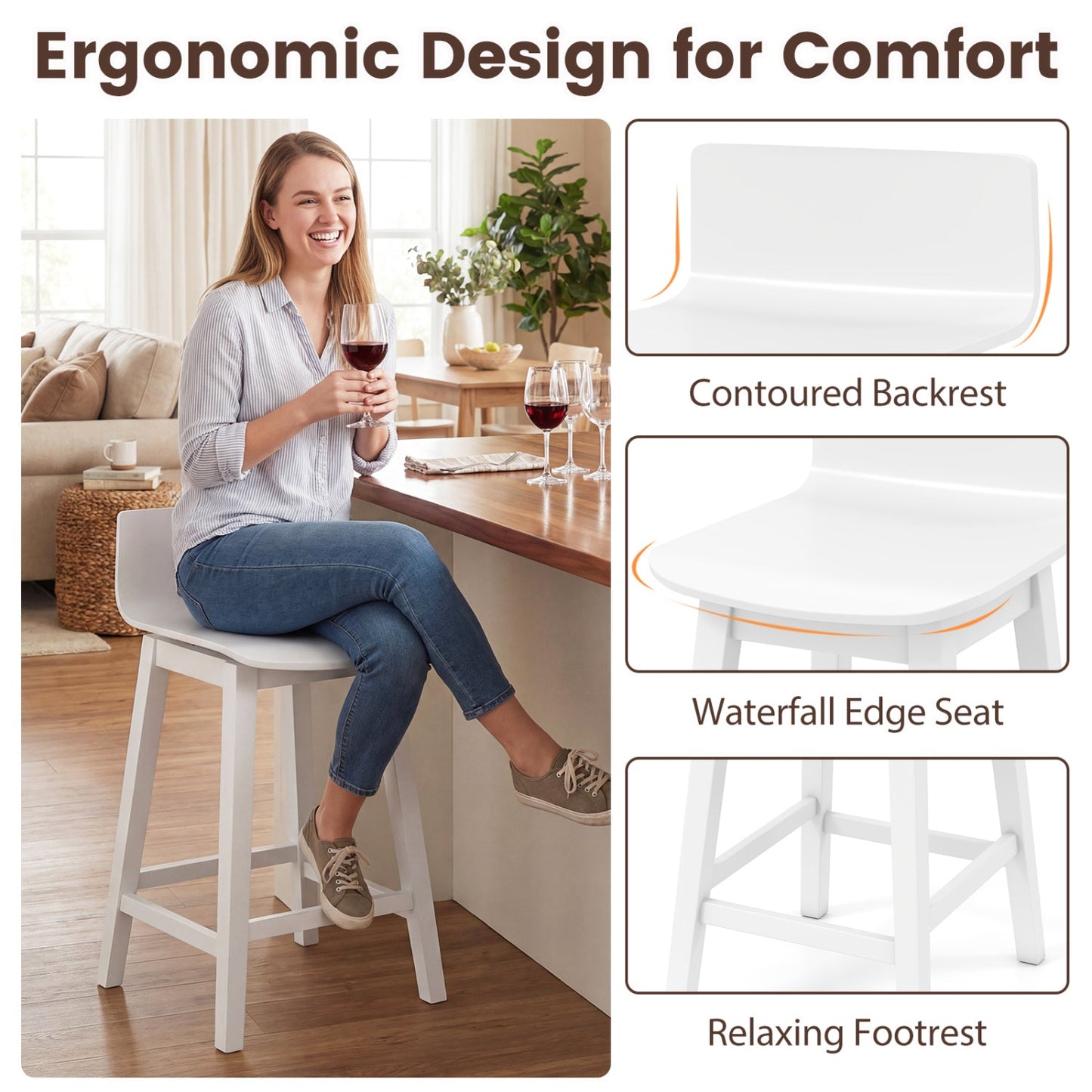 24.5 Inch Swivel Wooden Bar Stools Set of 4 with Rubber Wood Legs and Low Back - Tampa Home & Garden Store
