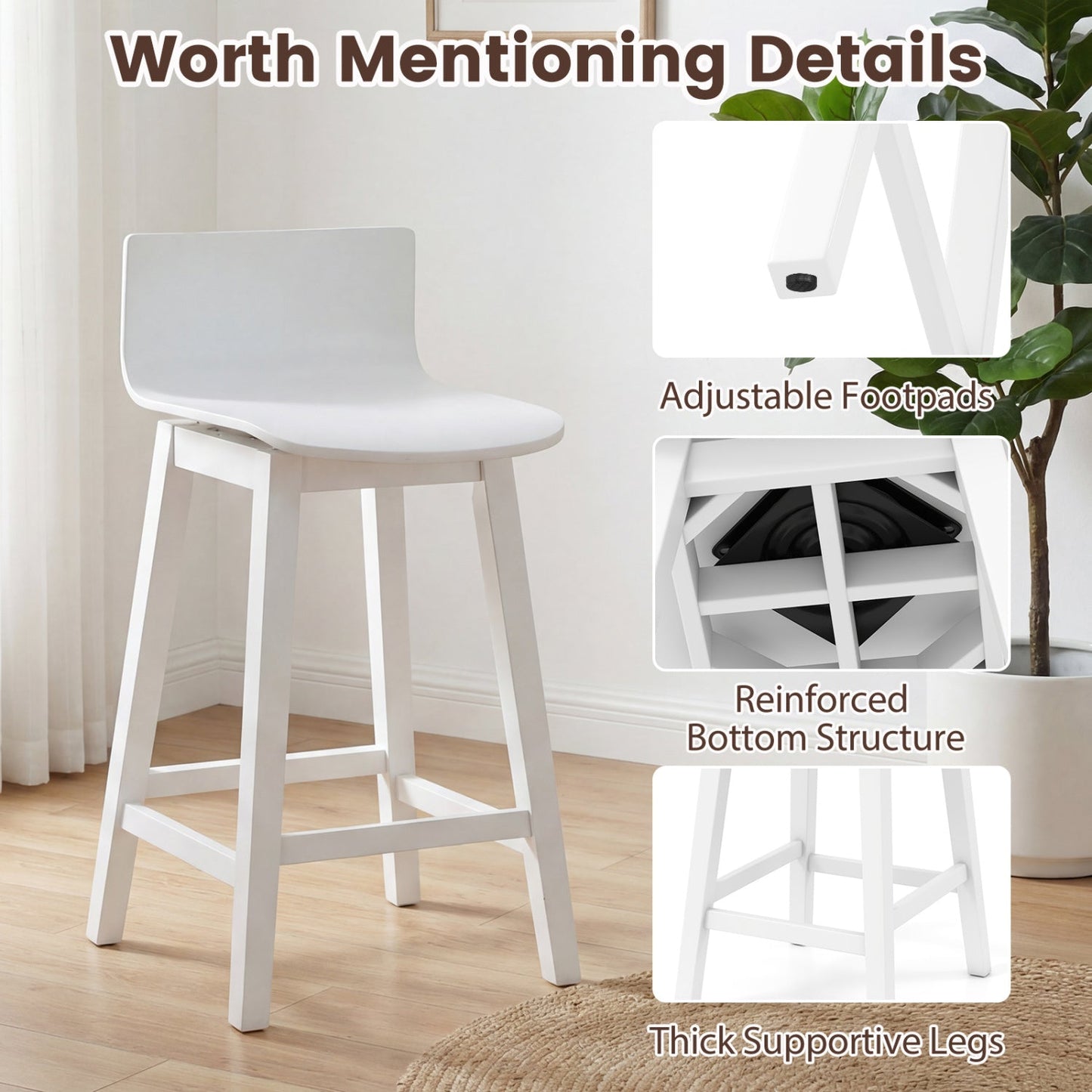 24.5 Inch Swivel Wooden Bar Stools Set of 4 with Rubber Wood Legs and Low Back - Tampa Home & Garden Store