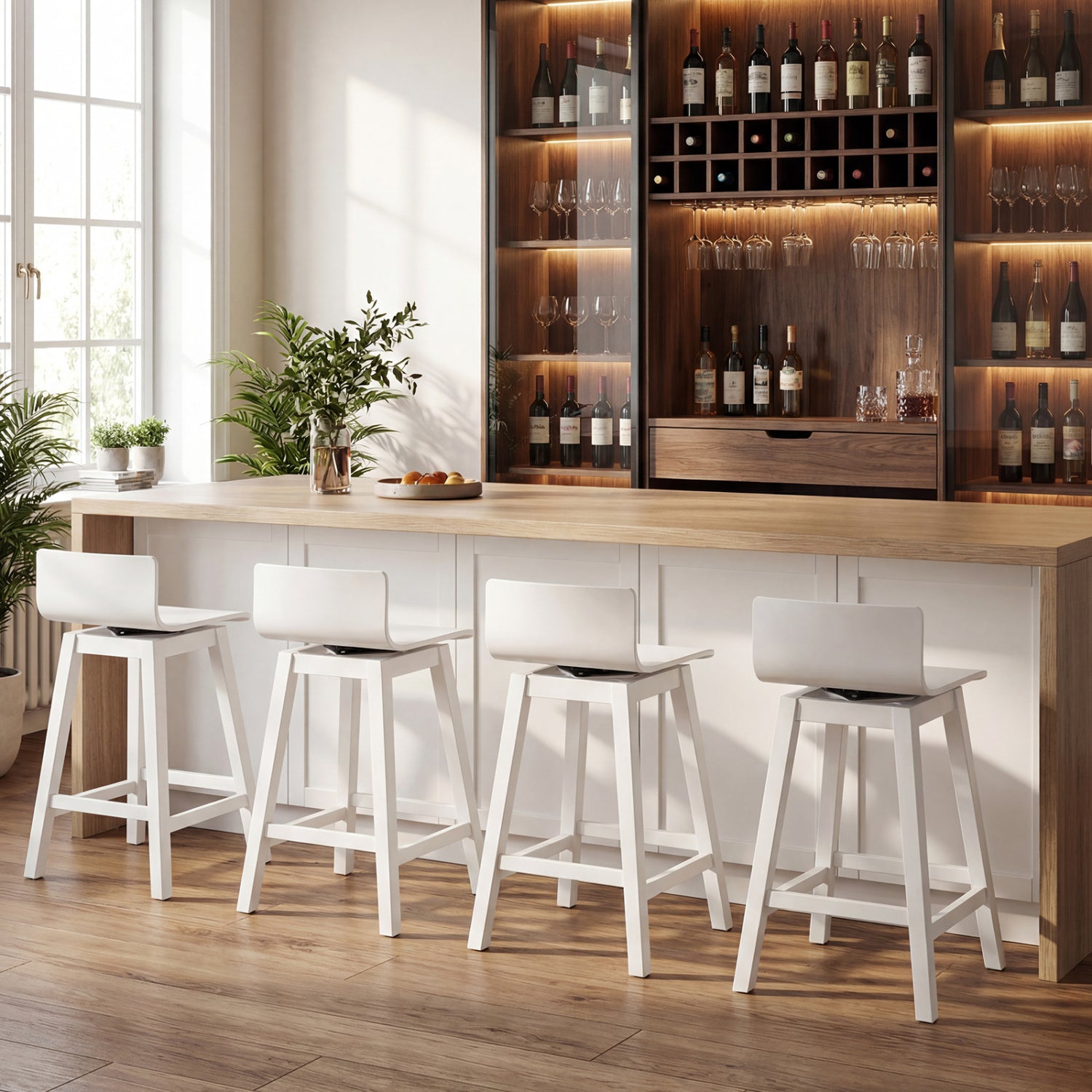 24.5 Inch Swivel Wooden Bar Stools Set of 4 with Rubber Wood Legs and Low Back - Tampa Home & Garden Store