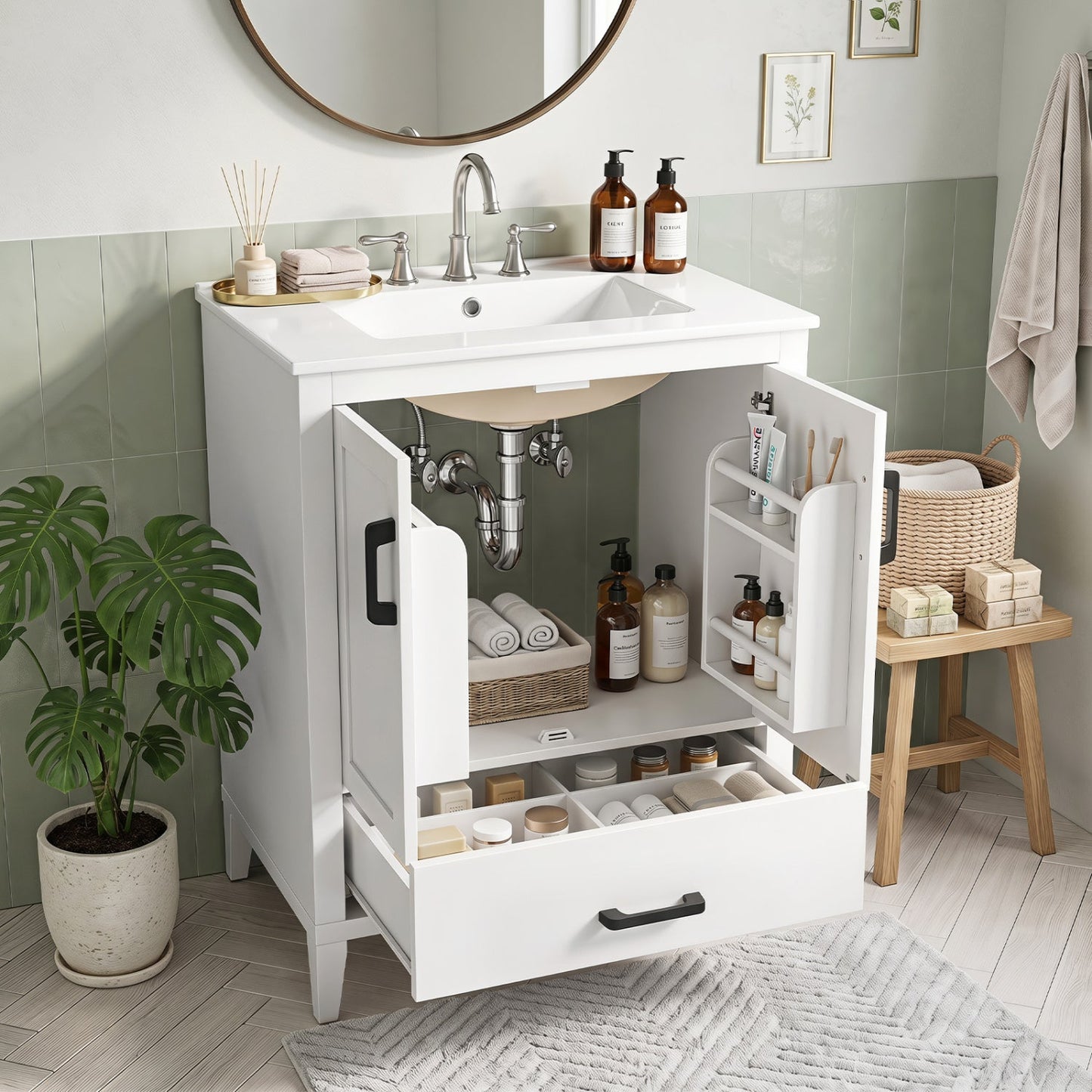 White DirectDeals 24.5in bathroom vanity with ceramic sink and drawer, doors show storage on Tampa Home & Garden Store