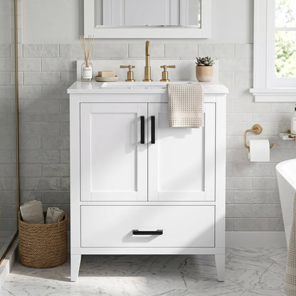 24.5in DirectDeals vanity with ceramic sink, white cabinet, brass faucet, drawer, black handles on Tampa Home & Garden Store