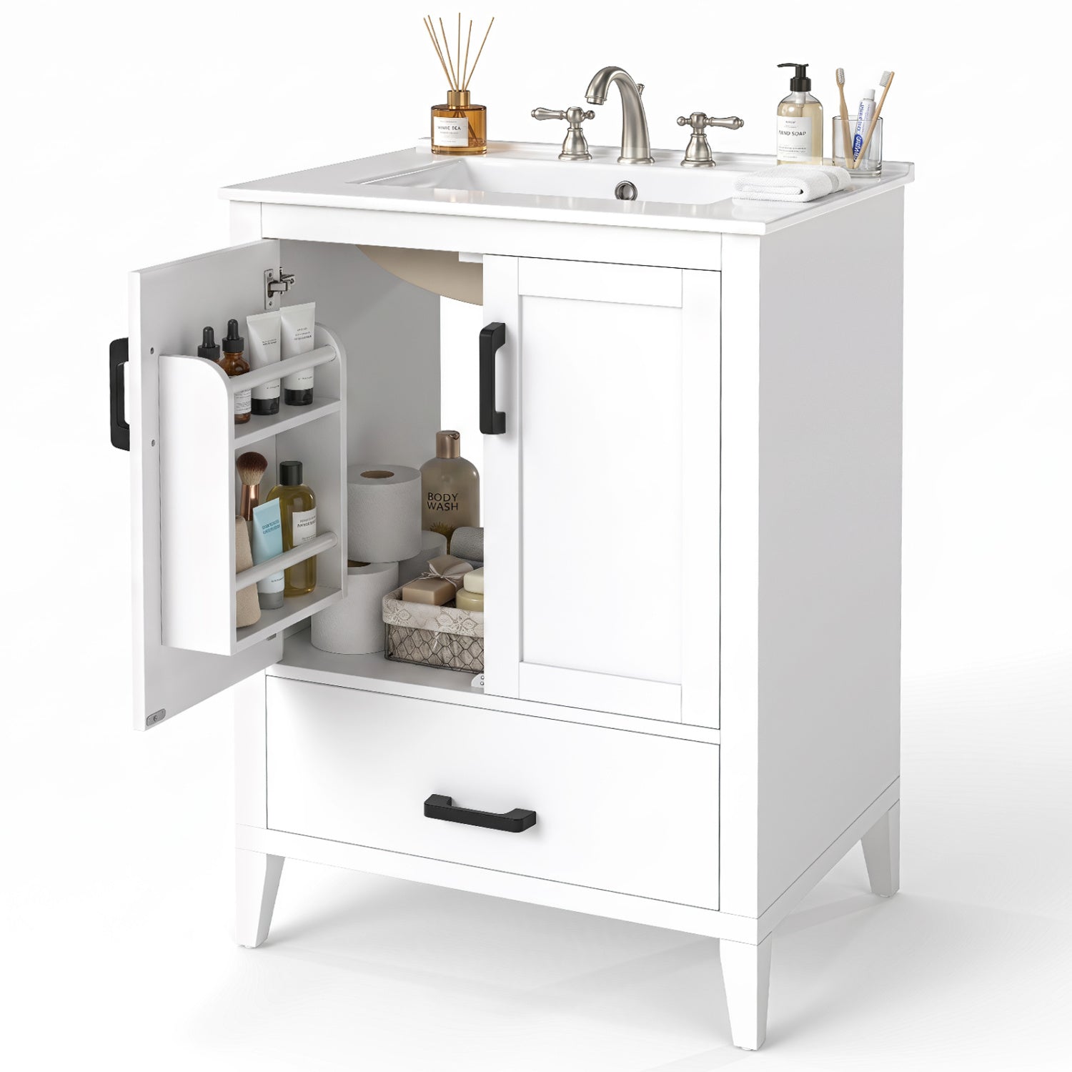 24.5-inch bathroom vanity with ceramic sink, white cabinet, black hardware, drawer and shelf on Tampa Home & Garden Store