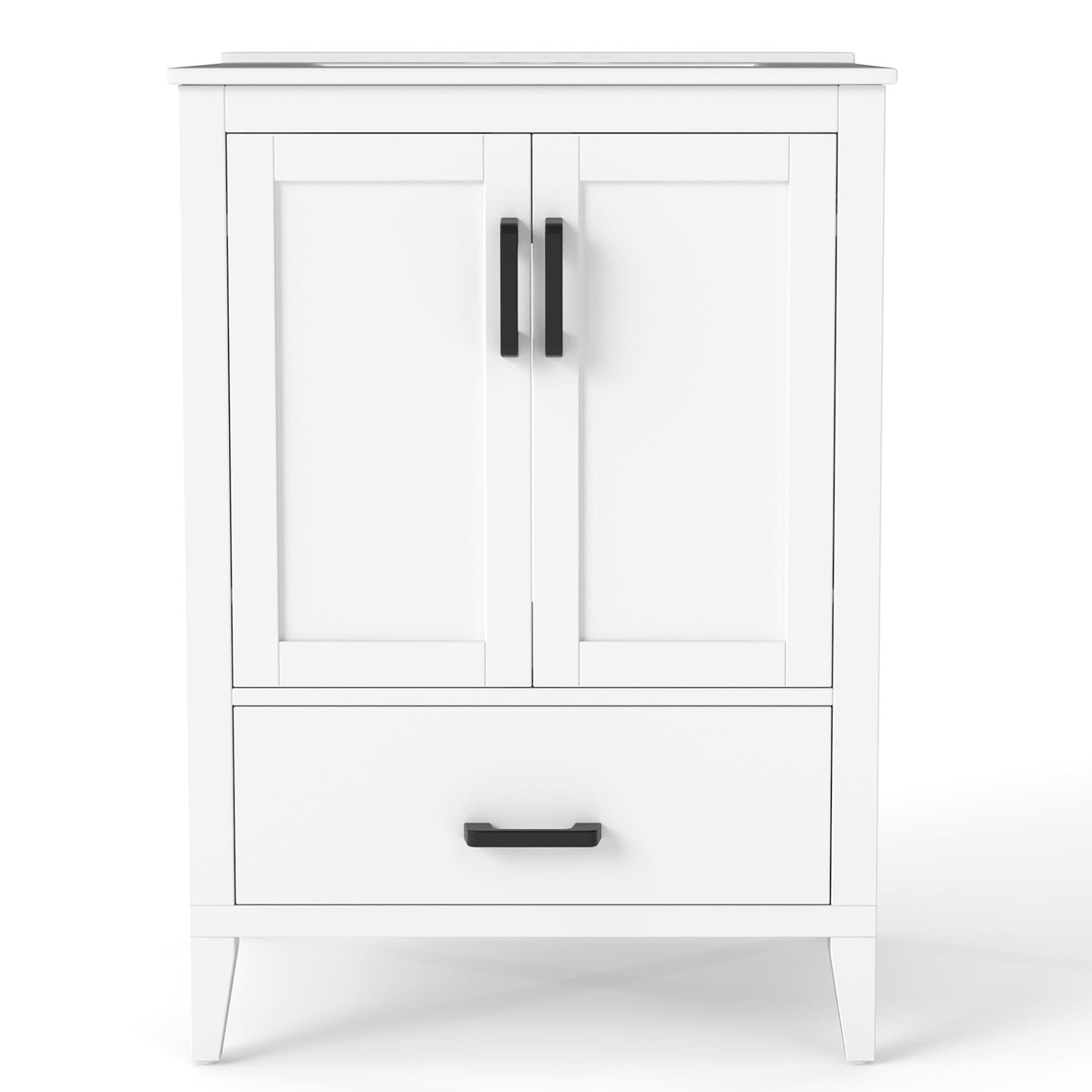 White DirectDeals 24.5-in bathroom vanity with ceramic sink, two-panel doors, black handles on Tampa Home & Garden Store