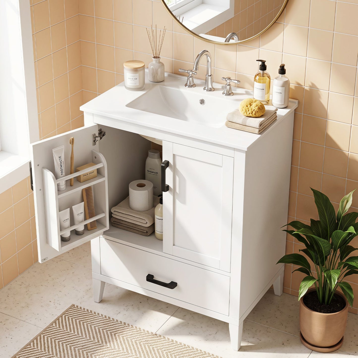 24.5in white bathroom vanity with ceramic sink and drawer DirectDeals; open cabinet storage on Tampa Home & Garden Store