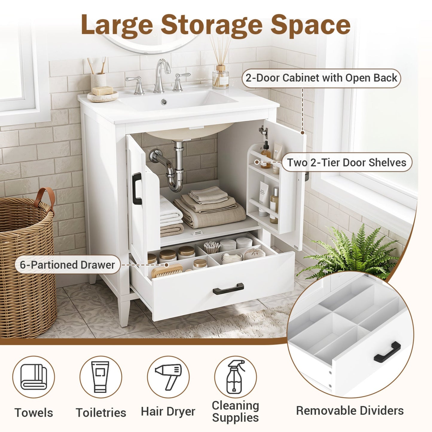 Bathroom vanity DirectDeals 24.5in white with ceramic sink, 2-door cabinet and 6-drawer storage on Tampa Home & Garden Store