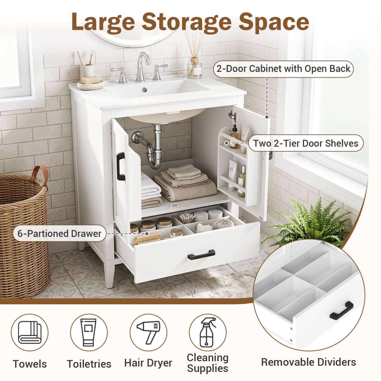 Bathroom vanity DirectDeals 24.5in white with ceramic sink, 2-door cabinet and 6-drawer storage on Tampa Home & Garden Store