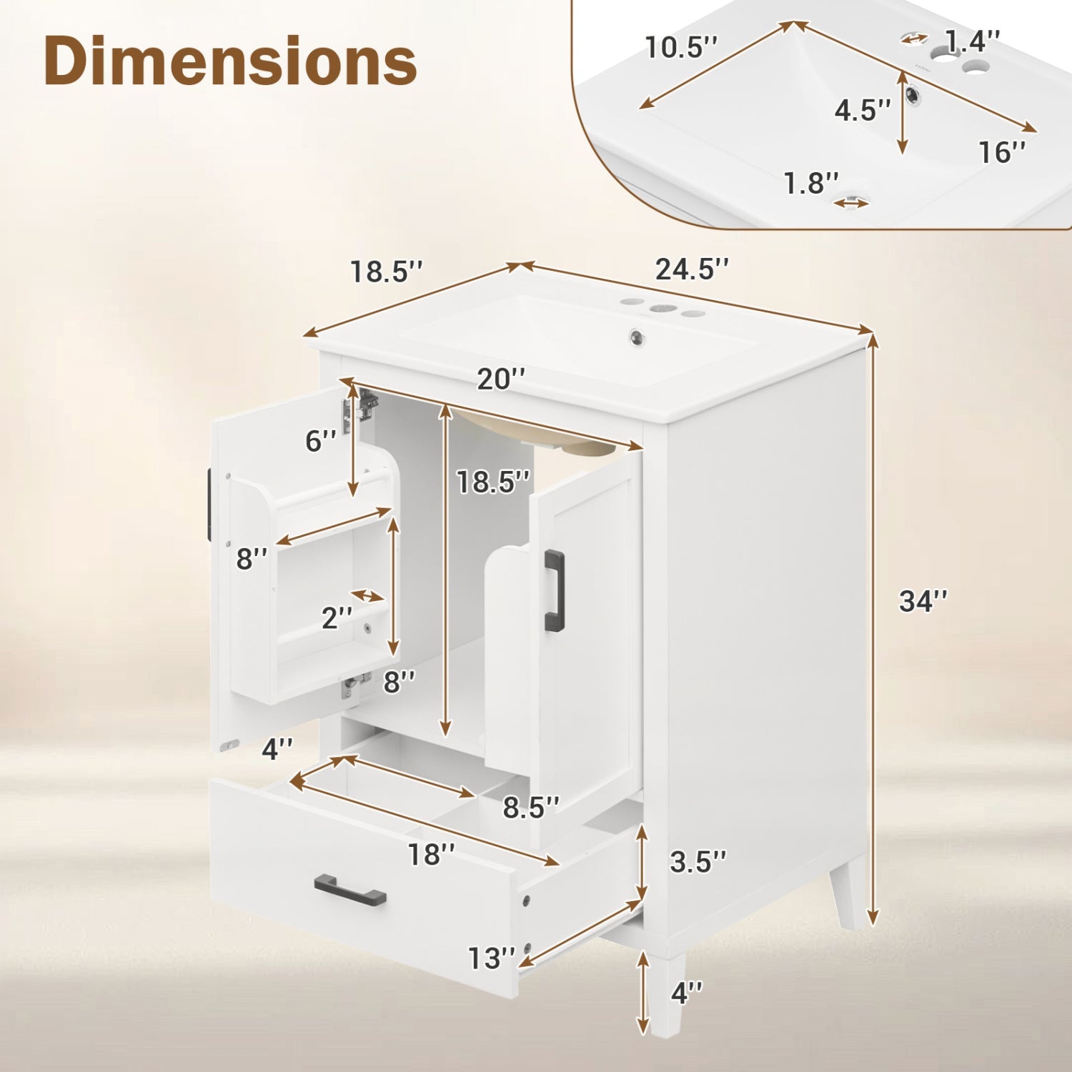 24.5-inch white bathroom vanity with ceramic sink and drawer storage by DirectDeals on Tampa Home & Garden Store