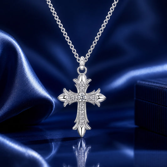 925 Sterling Silver Plated White Gold Moissanite Necklace with cross pendant, 40+5cm, Bids.com on Tampa Home & Garden Store
