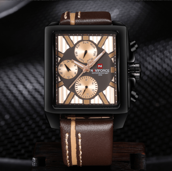 Men's square black watch with brown leather strap gold-tone chronograph subdials Naviforce dial on Tampa Home & Garden Store