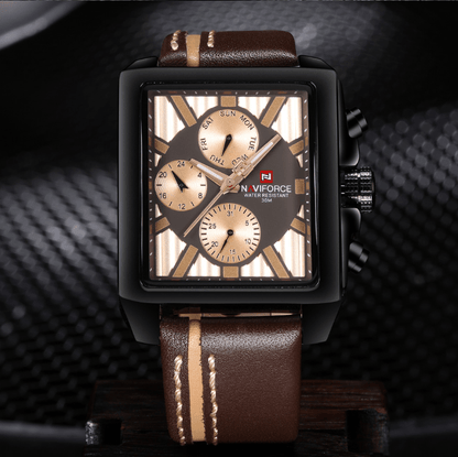 Men's square black watch with brown leather strap gold-tone chronograph subdials Naviforce dial on Tampa Home & Garden Store