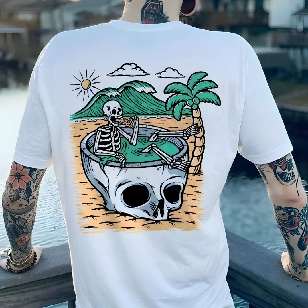 White BikerZoneZ cotton T-shirt back print: skull in a barrel with palm tree on beach on Tampa Home & Garden Store
