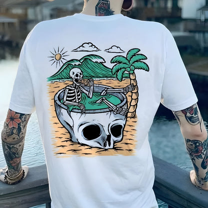 White BikerZoneZ cotton T-shirt back print: skull in a barrel with palm tree on beach on Tampa Home & Garden Store